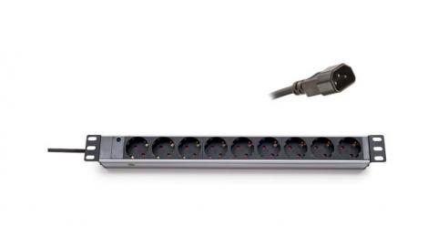 Elosztó rack 19"  9xSchuko/C14 dugó fekete/alu 620S09U KELine [19130]
